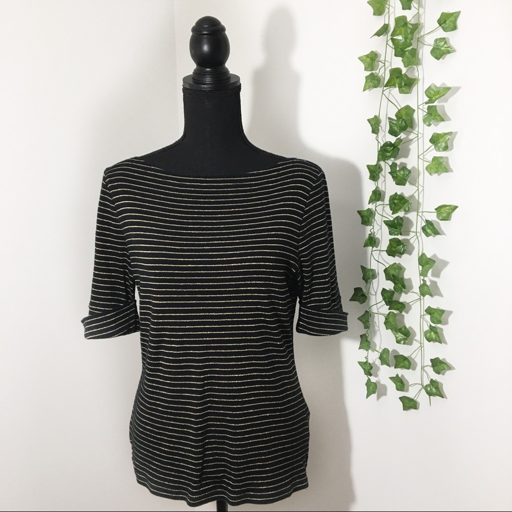 Black & Metallic Gold Stripe 3/4 Sleeve Top Size M
